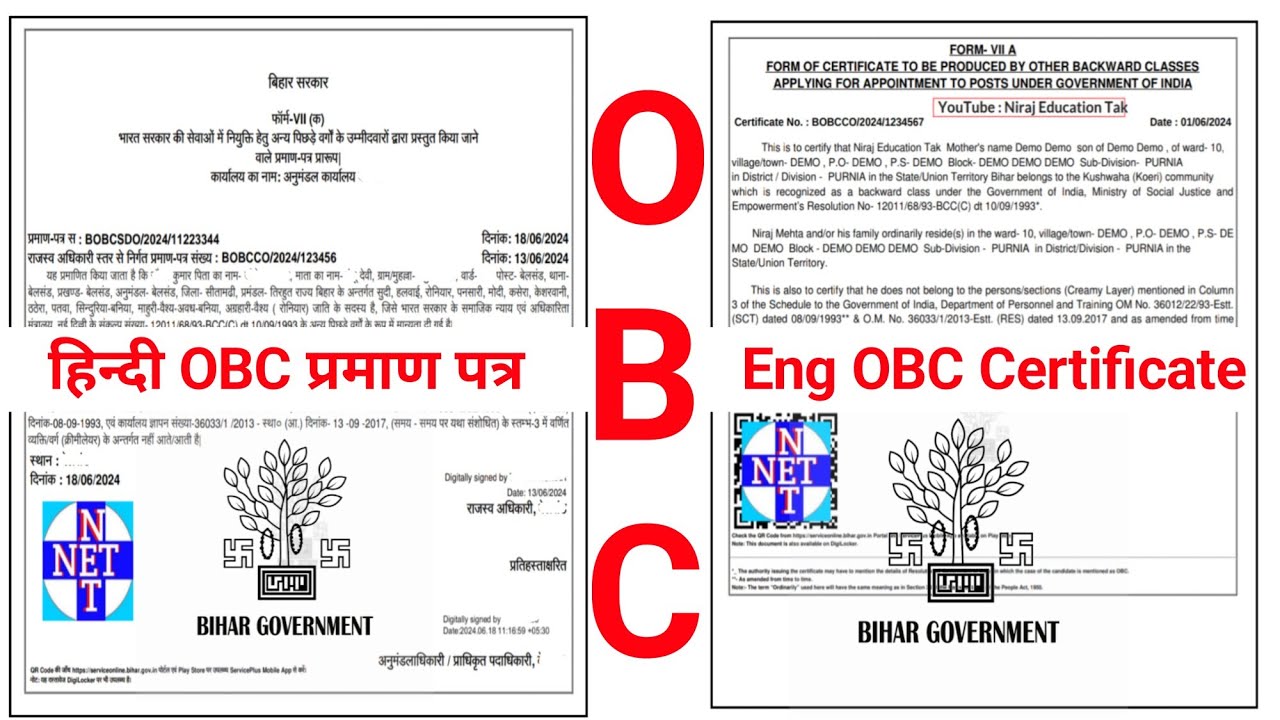 Central Hindi and English Format OBC NCL Certificate 2024 | OBC NCL Certificate 2024 | OBC NCL |