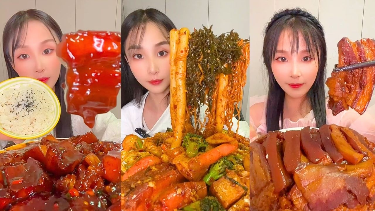 Spicy Rice Cake Noodles, Braised Pork Belly and Chili Mukbang