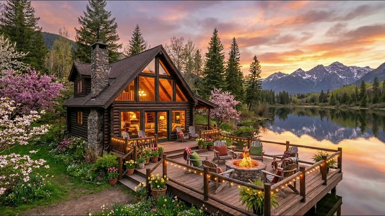 Spring Lakeside Campfire 🔥 Relaxing Lake & Nature Sounds for Focus & Calm