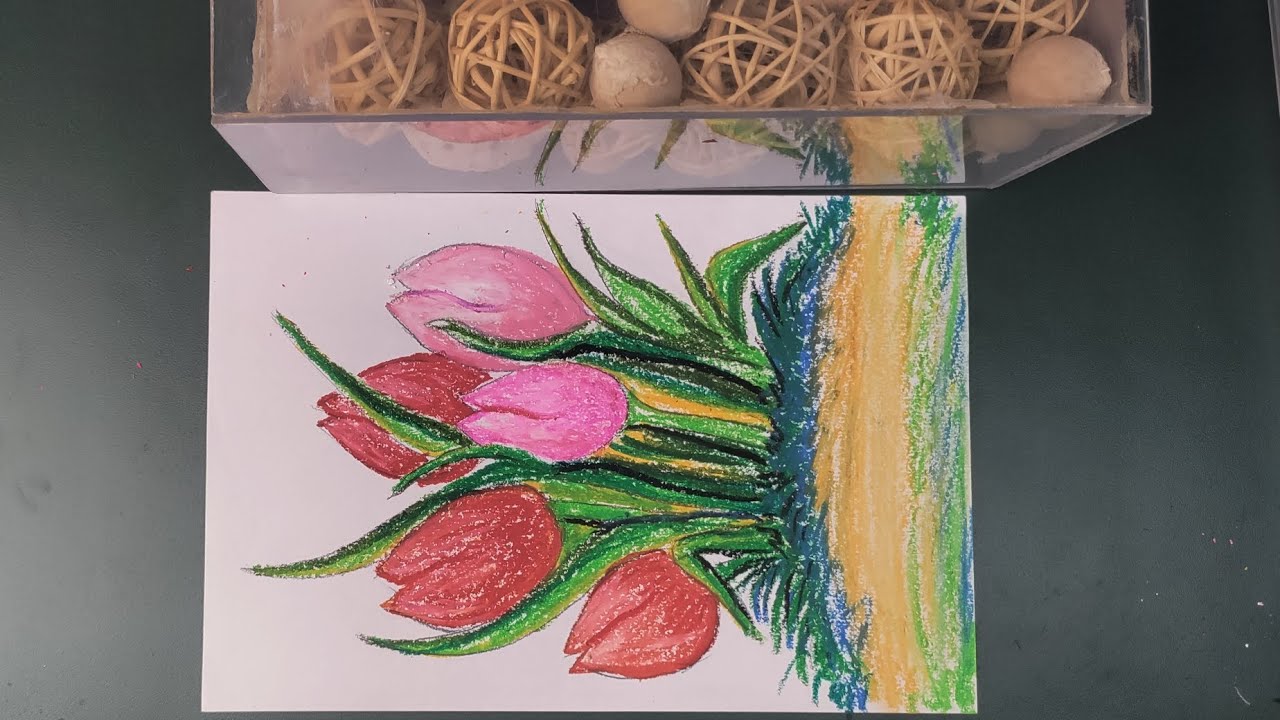 Blooming Joy: A Vibrant Red & Pink Tulip Bouquet in Oil Pastels