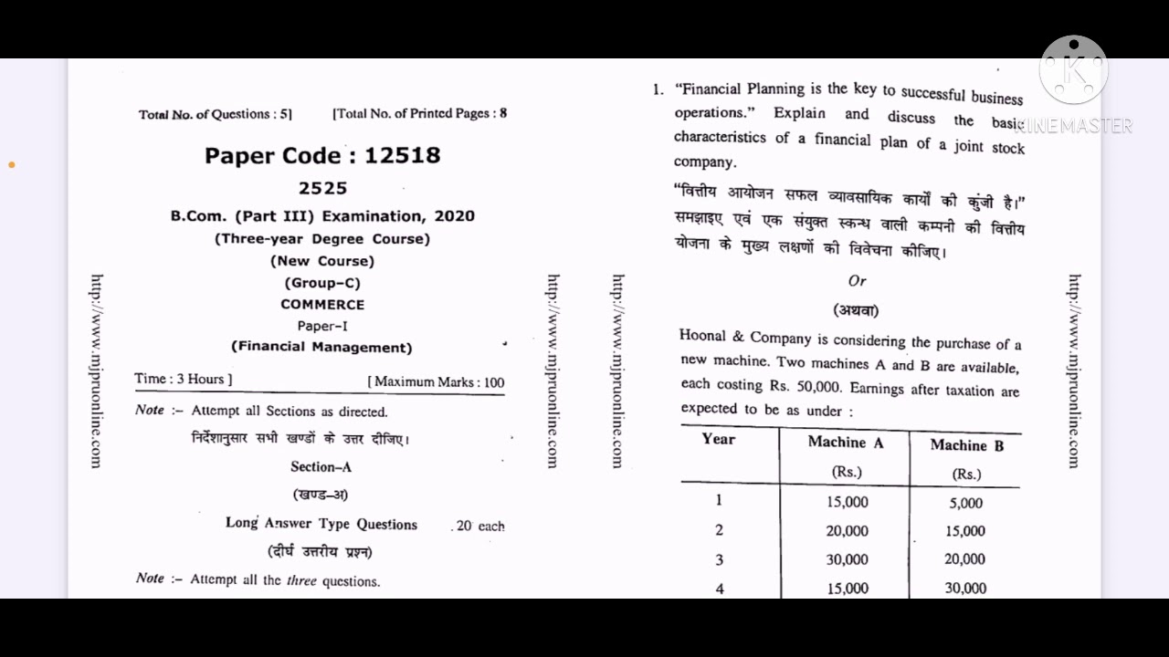 Financial Management B Com 3rd Year Question Paper 2020