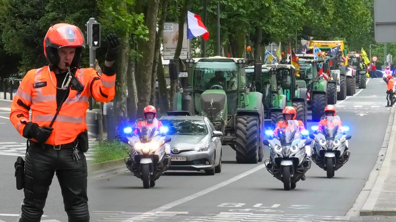 Politie begeleidt Duitse tractoren door Brussel Centrum tijdens groot Internationaal Boerenprotest!