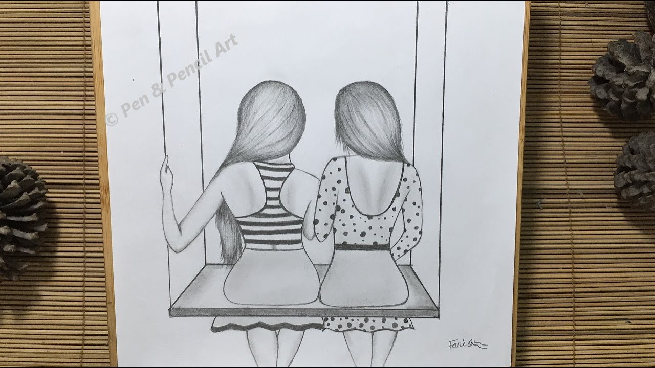 Friendship Day Drawing // How to Draw Girls Swinging ( Best Friend Pencil Sketch Drawing )