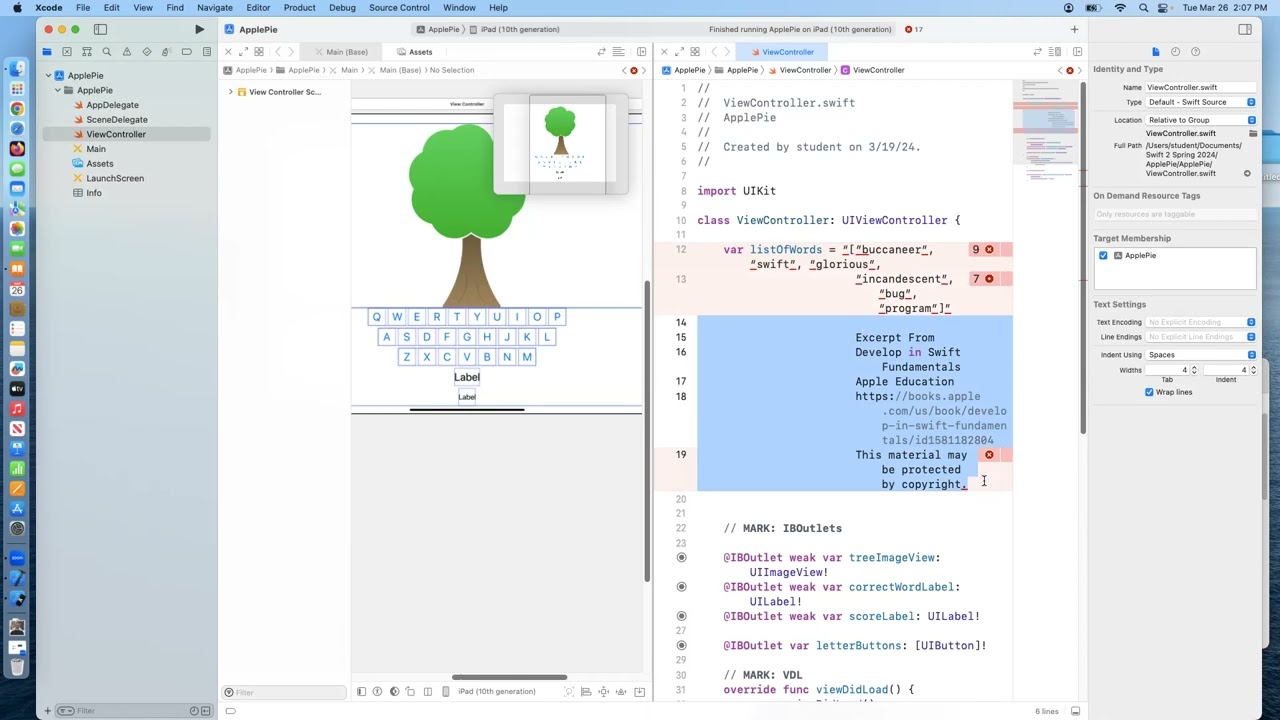 Swift Programming 2 - App Build - Apple Pie App Part 2 (writing the code) - Spring 2024