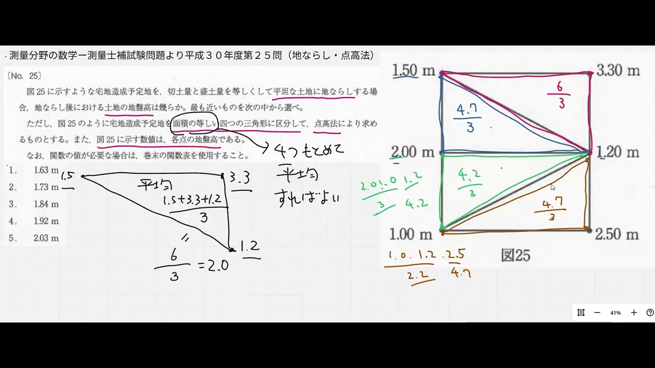 【測量士補】平成３０年度第２５問（盛土量・平均・地ならし・点高法）