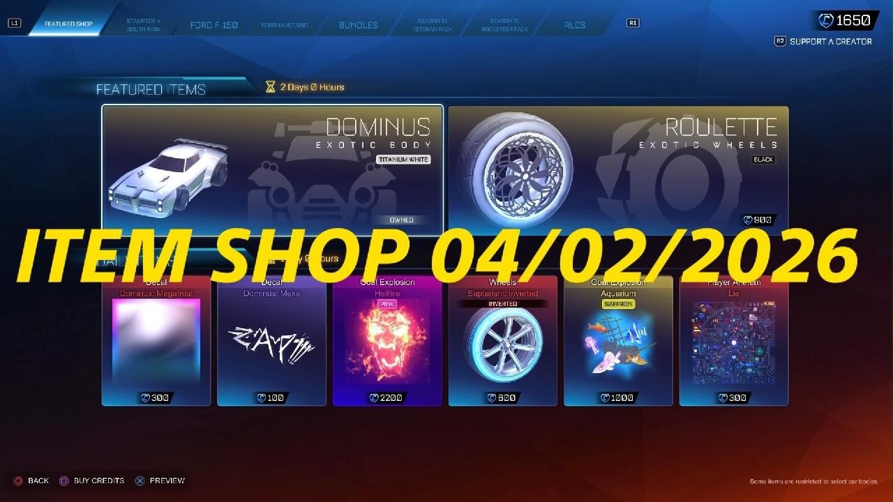 Rocket League ITEM SHOP 04/02/2026 - TITANIUM WHITE DOMINUS &PINK HELLFIRE