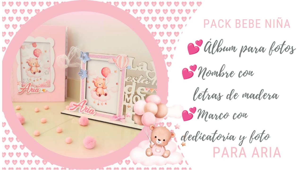 Álbum para fotos bebé niña primer año más marco a juego con dedicatoria.🎀🎀🎀