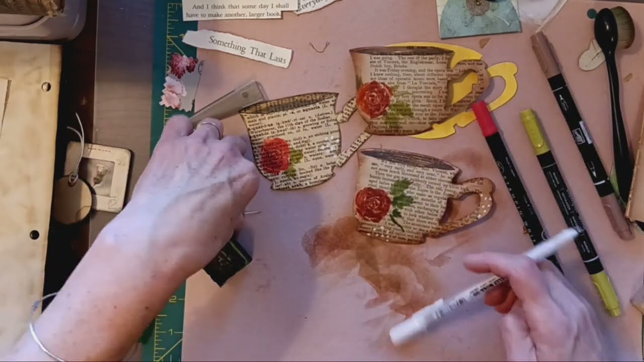 Junk journal, Tea cup journaling spot, book pages, unique ephemera