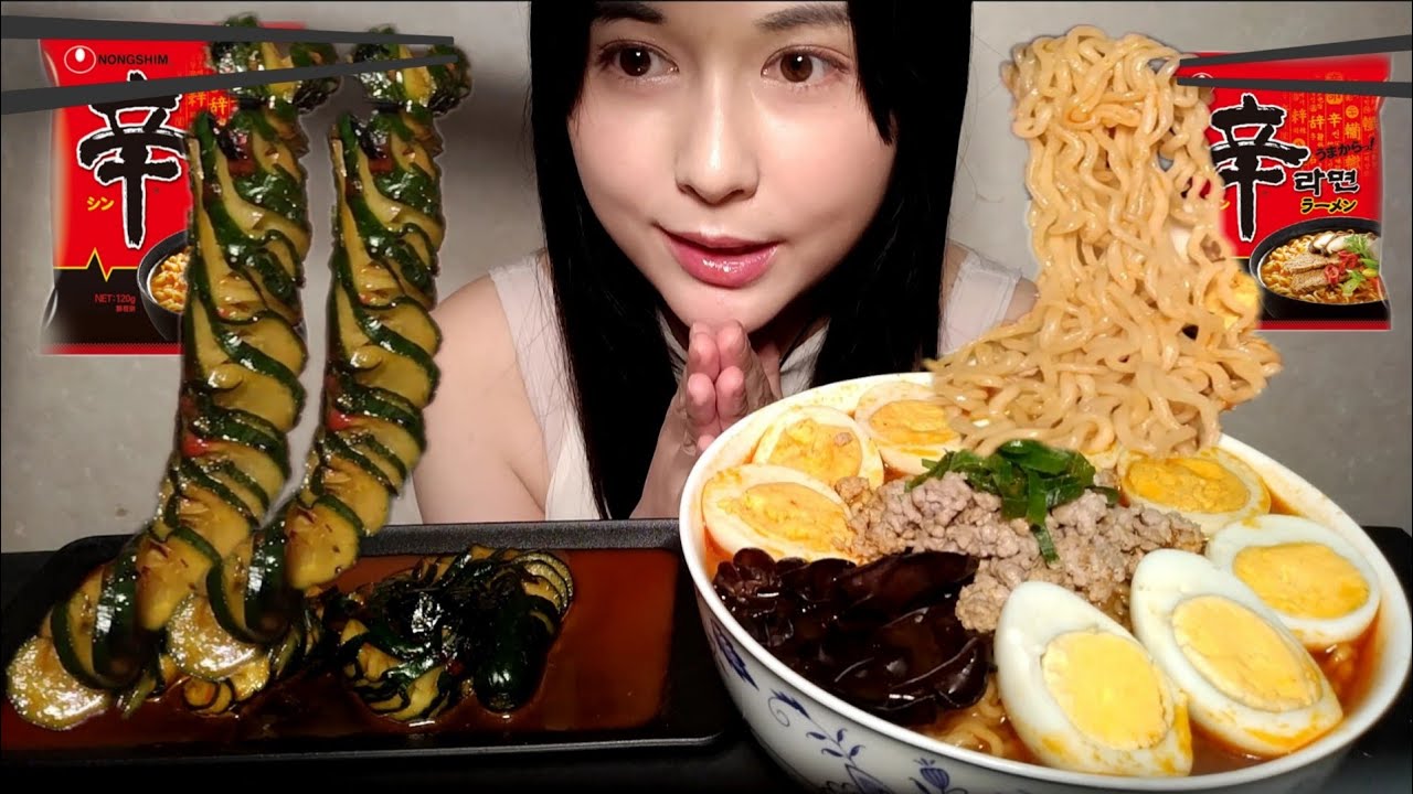【ASMR】辛ラーメン 茹でたまご コチュジャンの甘辛きゅうり｜mukbang|eatingsound