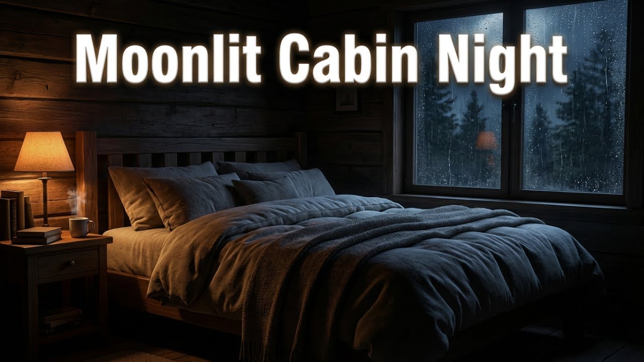 Moonlit Cabin Bedroom:  Rain on Window Night Ambience