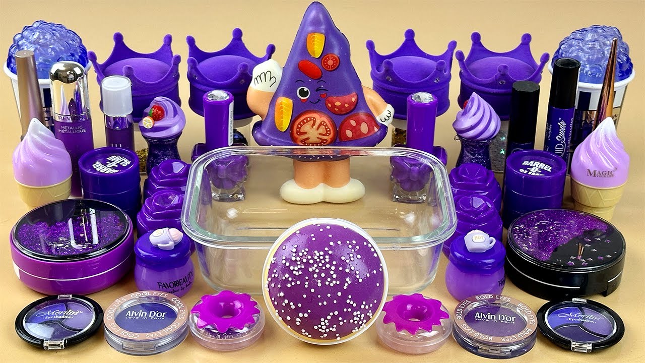 ASMR Slime Mixing ”PURPLE” 💜💦💤 makeup, Eyeshadow, glitter into slime. Satisfying slime video.