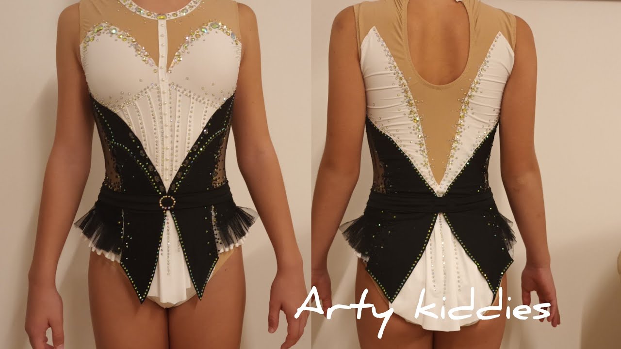 Black and white sparkling rhythmic gymnastics competition leotard, try on, @artykiddies