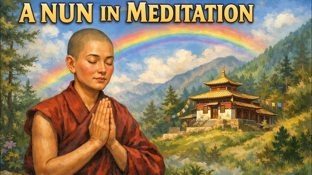 སྒོམ་རྒྱག་བཞིན་པའི་བཙུན་མ་ཞིག། a nun in meditation.
