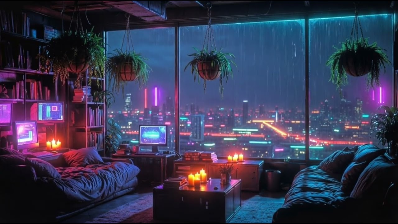 Skyline from the Sofa | Cyberpunk Rain for Sleep 1-Hour 