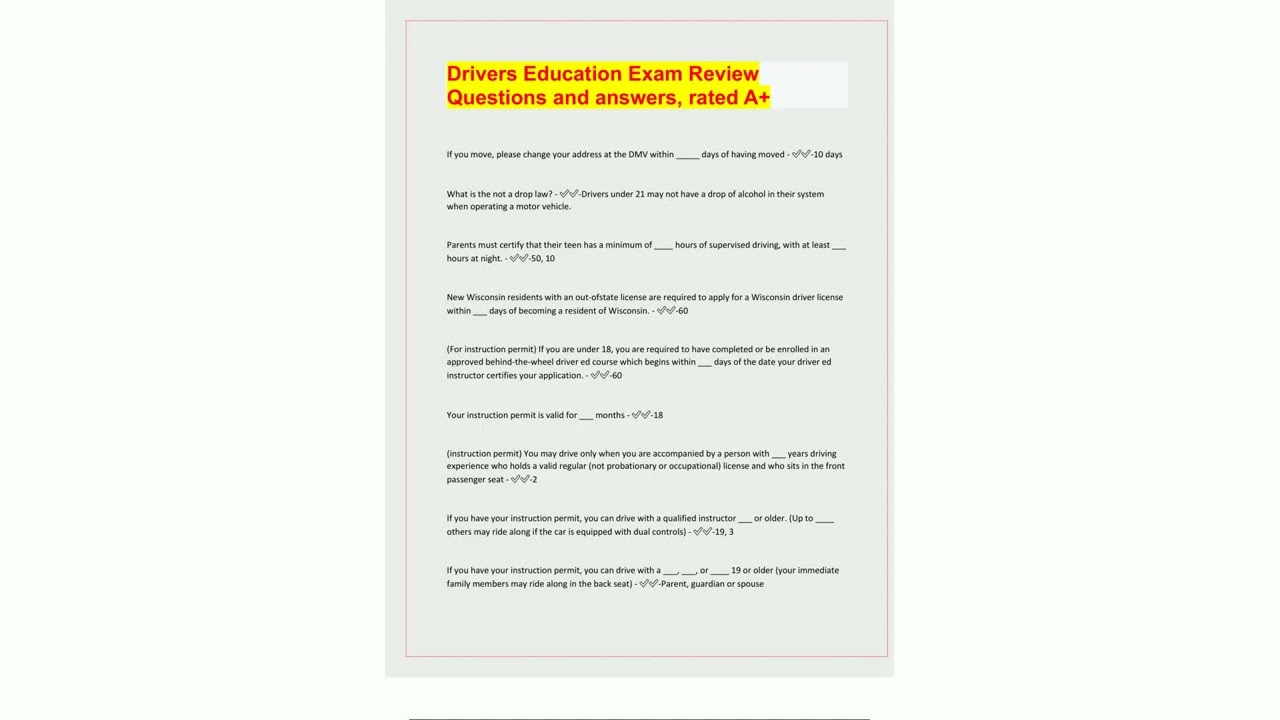 Drivers Education Exam Review  Questions and answers rated A Questions with 100 Correct Answers  Ver