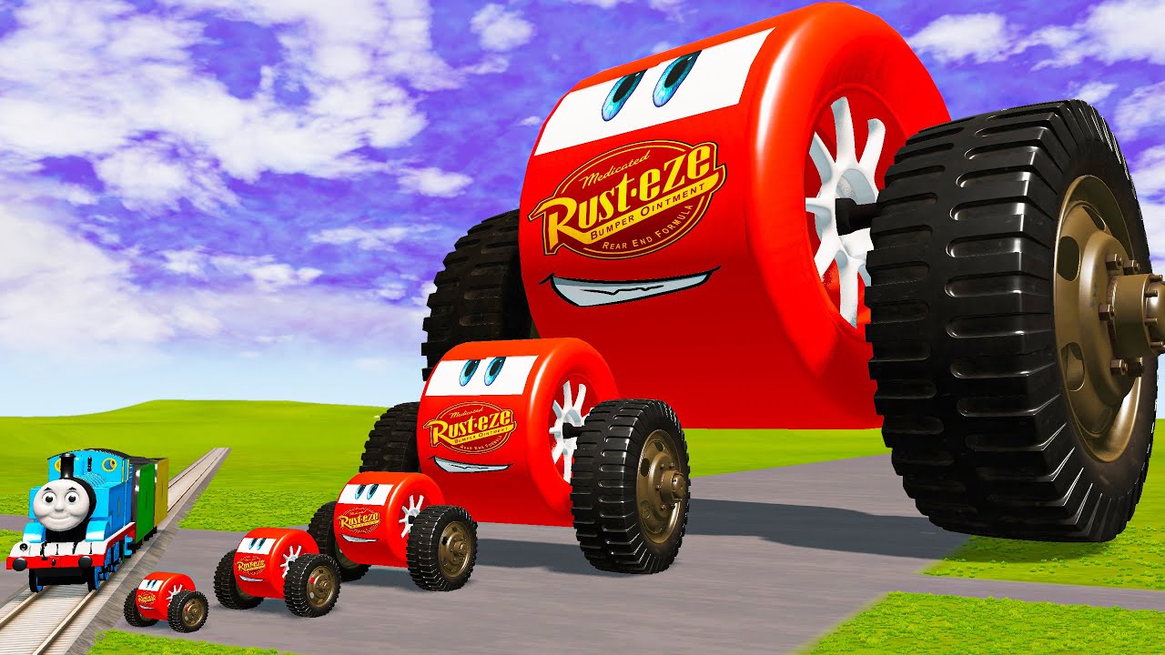 Big & Small: Monowheel Lightning Mcqueen with Monster Truck Wheels vs Trains | BeamNG.Drive