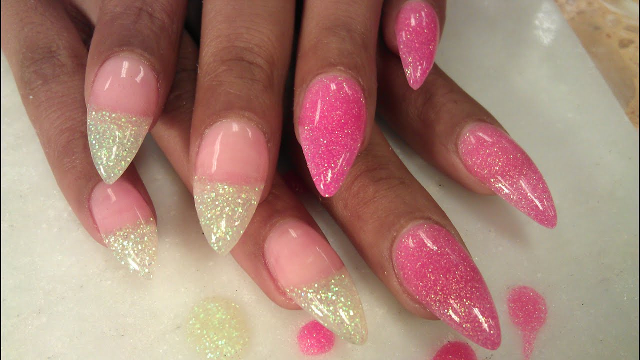HOW TO STILETTO BLUSH GLITTER ACRYLIC NAILS