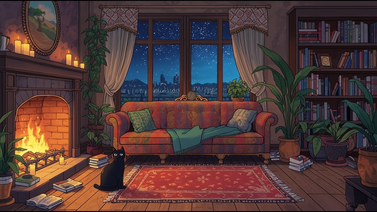 Cozy Winter Night Fireplace & Gentle Snowfall ❄️ Calm Lofi Music for Focus, Rest & Sleep