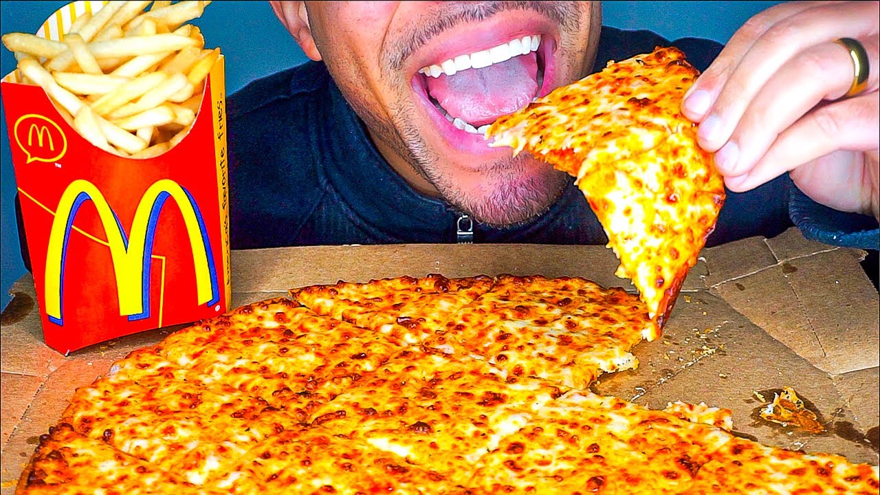 ASMR DOMINO’S THIN CRUST EXTRA CHEESE PIZZA MCDONALD’S FRENCH FRIES EATING MOUTH SOUNDS NO TALKING