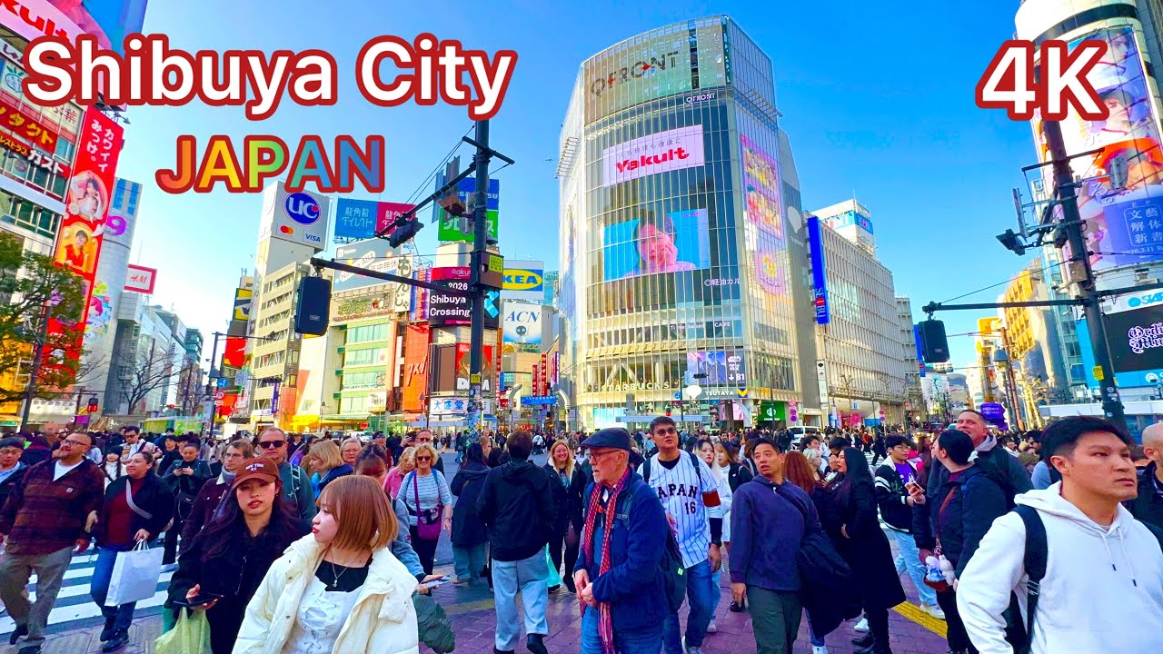 A sunny day view of Shibuya. Shibuya to Harajuku walking tour. Tokyo, Japan. 