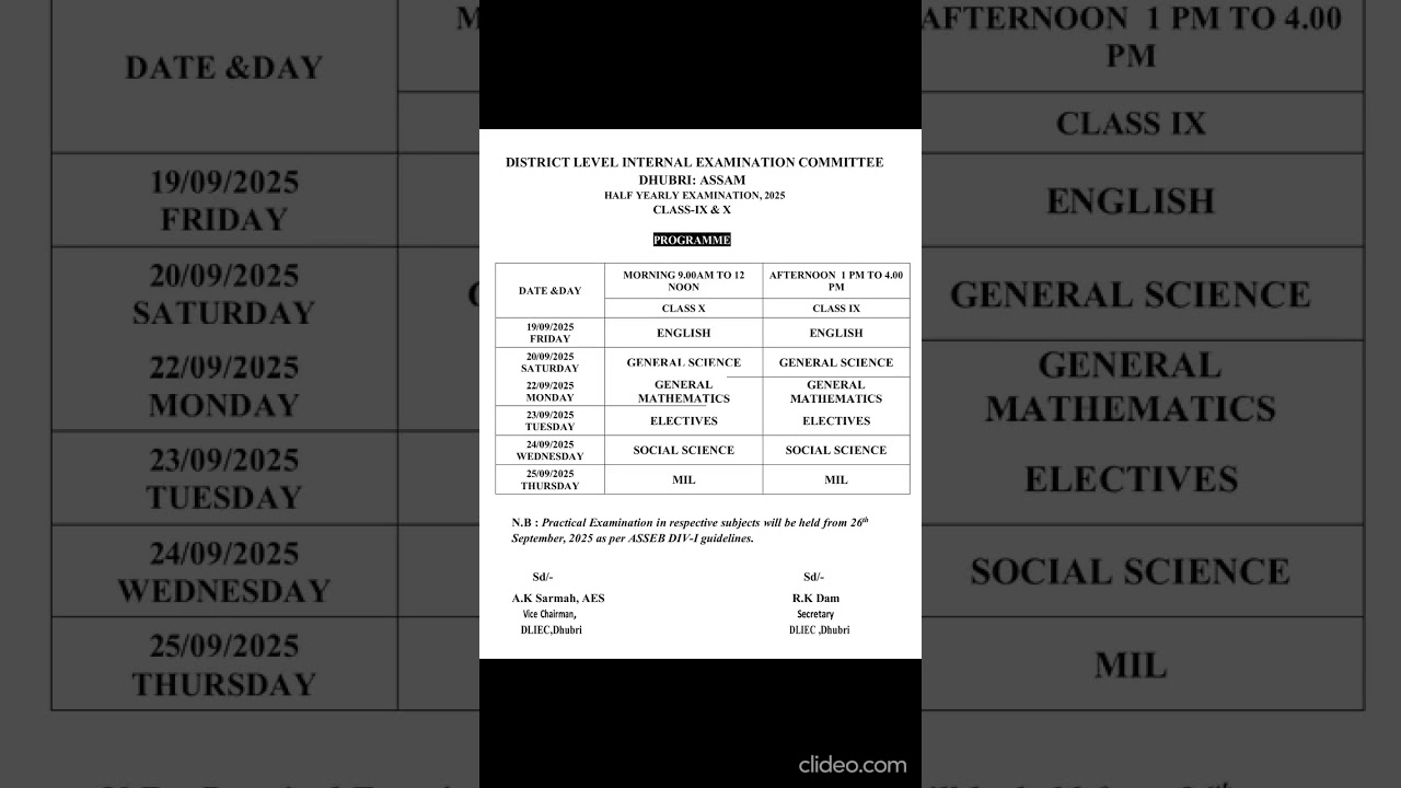Dhubri District Class 9 and 10 Half Yearly Exam Routine 2025 Seba Assam