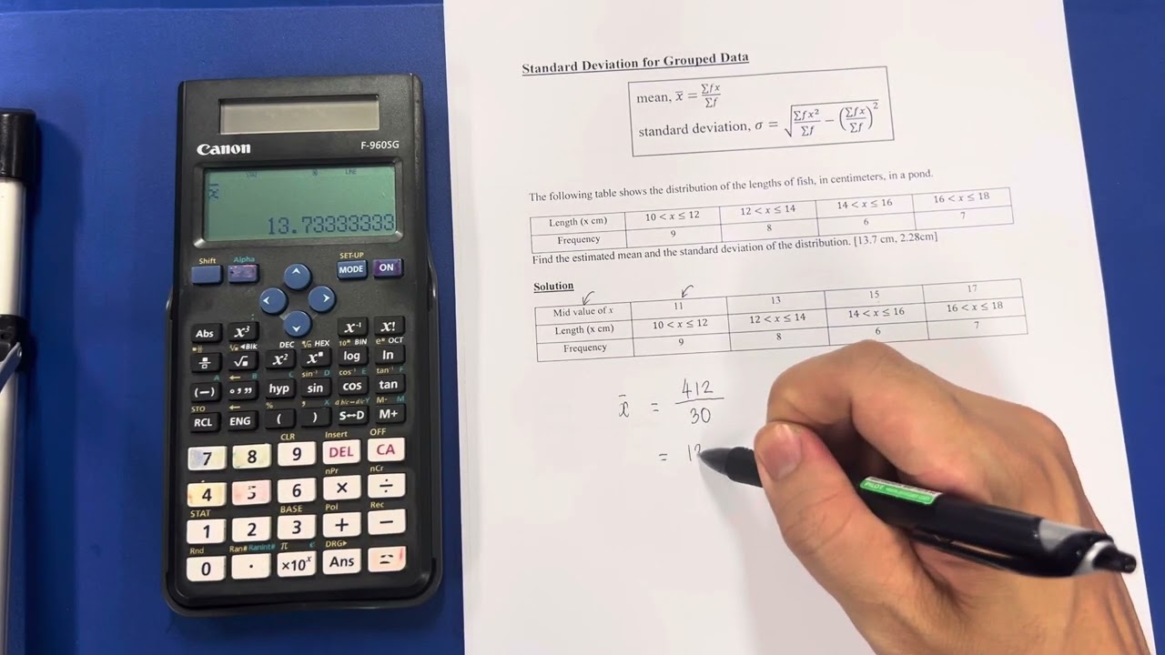 Example on Finding Mean and Standard Deviation of Grouped Data Using CANON F-960SG Calculator