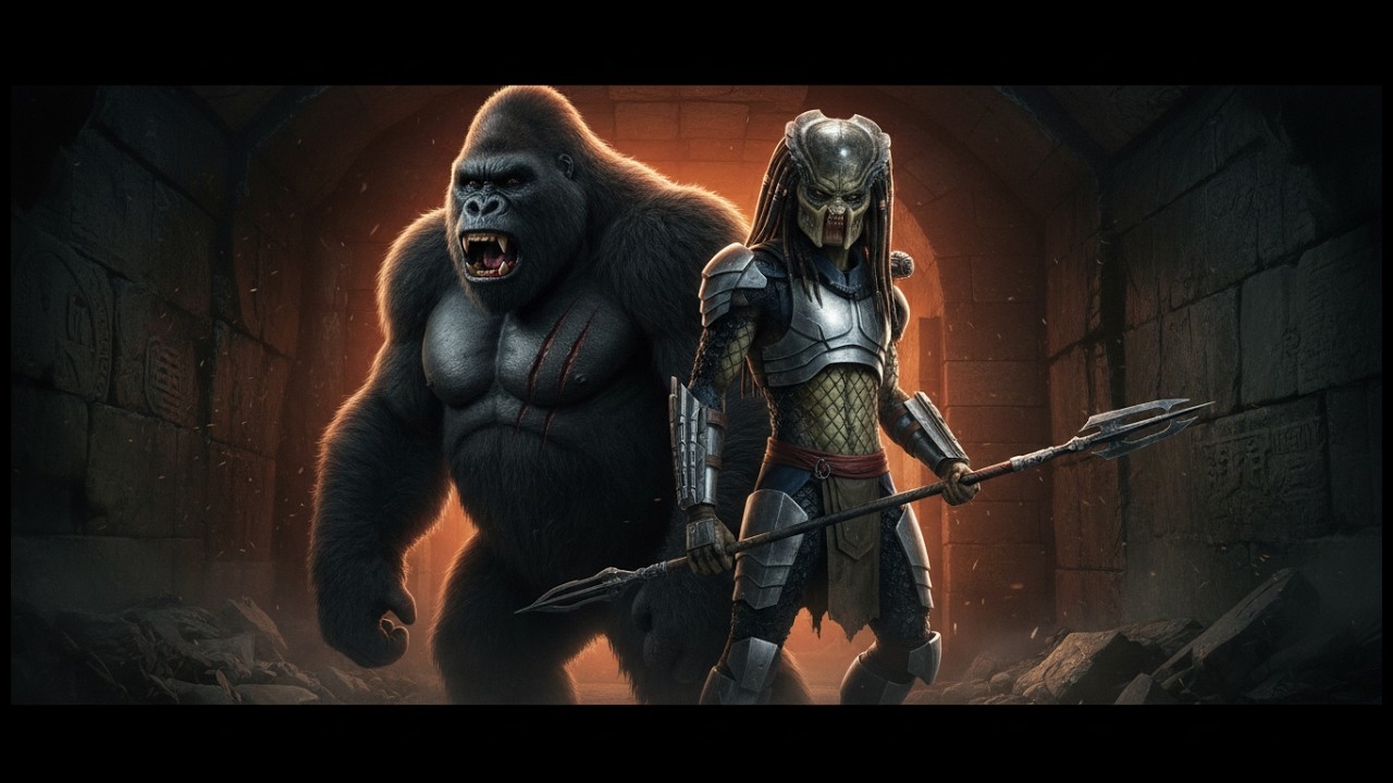 King Kong and Predator are reluctant allies in the secret tunnel fight