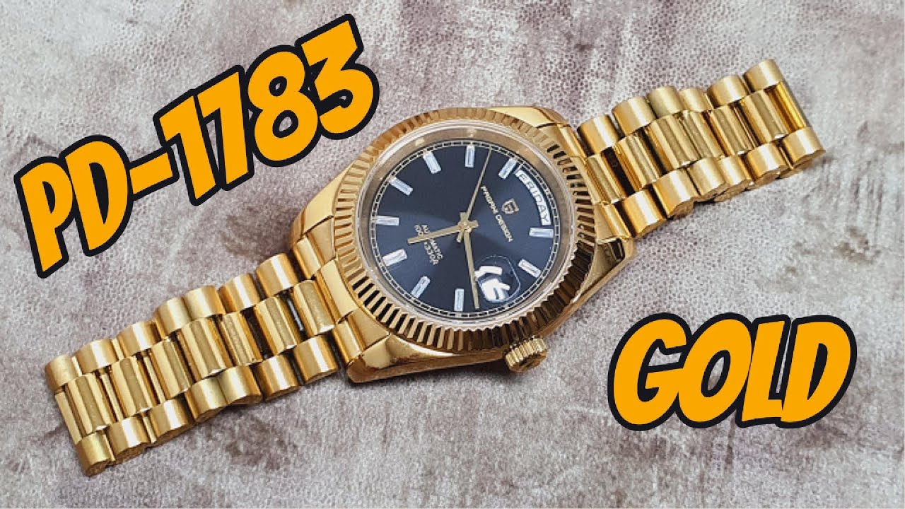 Pagani Design PD-1783 DayDate Gold Uhr mit Seiko TMI NH36 Automatikwerk und Präsident Band.