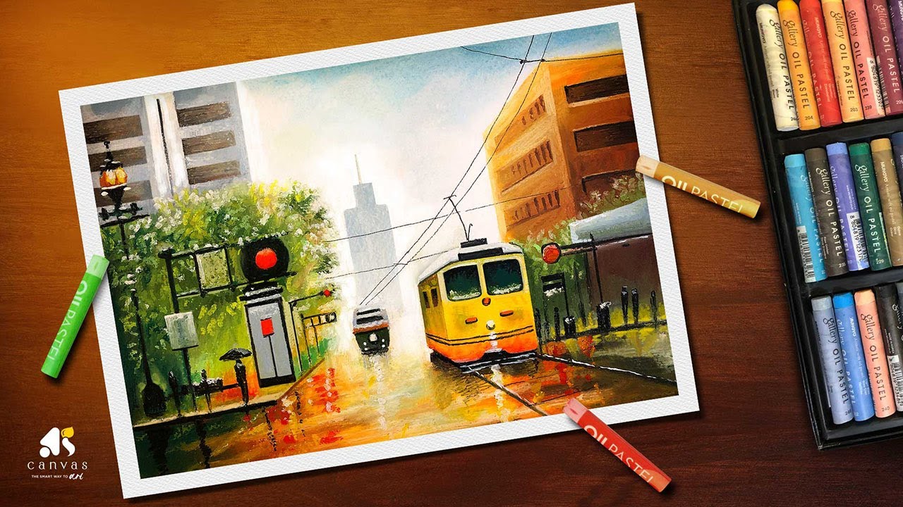 Oil Pastel City drawing with tram | Step by step drawing for beginners