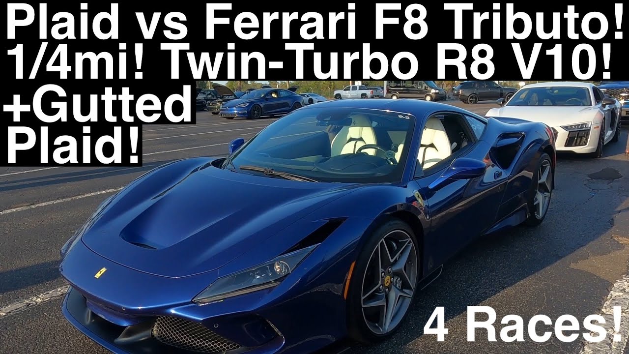 Ferrari F8 Tributo против Plaid! Audi R8 V10 Twin-Turbo! Выпотрошенный Plaid! 4 новых дрэг-рейсин...