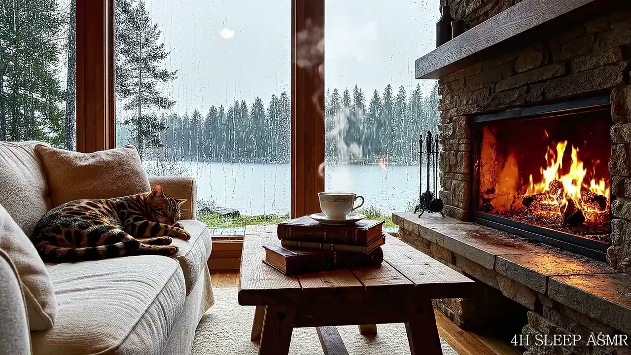 4HOURS of Relaxing Fireplace Sounds - Burning Fireplace &  Distant Thunder(NO MUSIC)