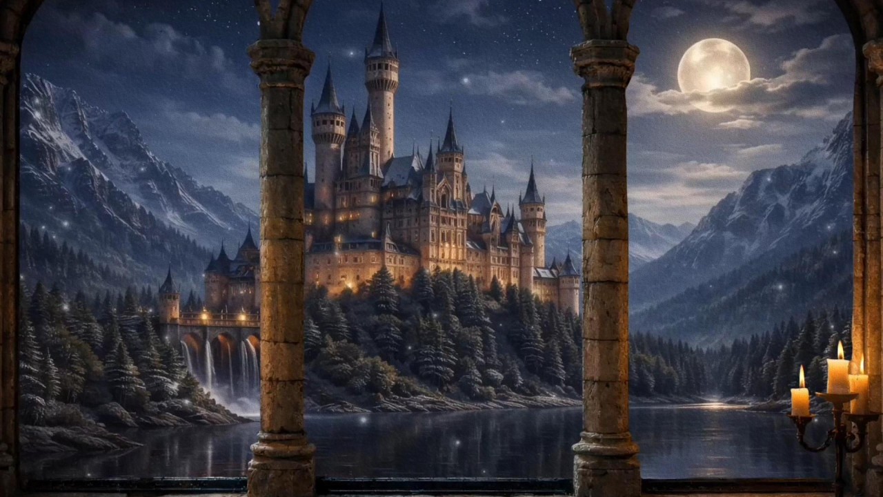 Moonlit Medieval Castle by Mountain Lake 🌙 Night Ambience