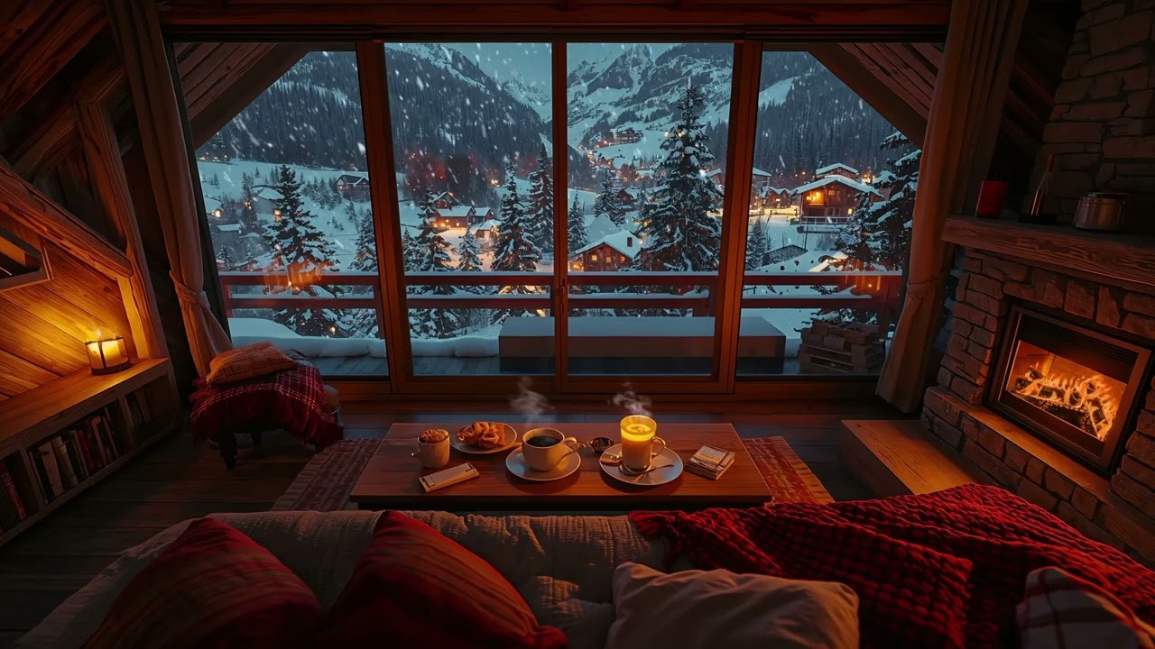 Cozy Snowy Village ❄️ Fireplace Sounds 🔥 Soft Piano 🎹