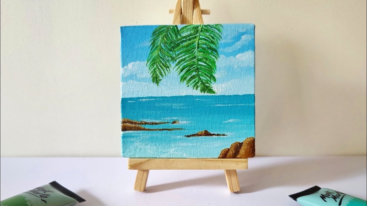 Mini canvas beach landscape painting for beginners || aesthetic paintings