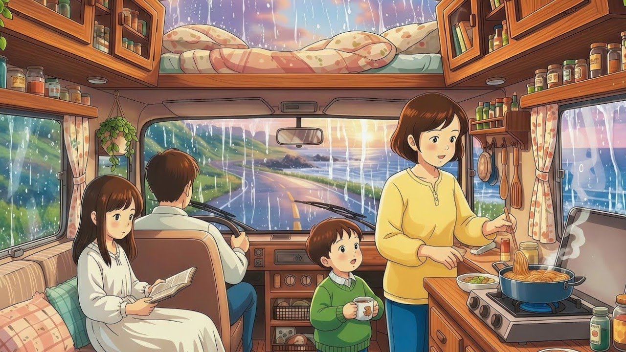 A Rainy Day in Our Mobile Home: Cozy Moments Together | Ghibli-Style Video