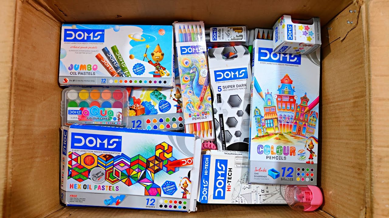 Unboxing Latest 2025 Doms Stationery📚, School supplies, Hi Tech, Bi-Colour, Oil Pastel, Wax Crayons