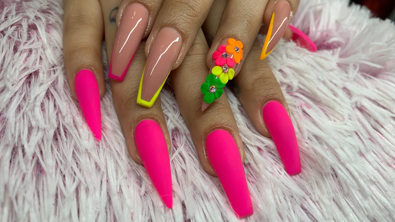 Watch Me Work: Spring Neons with 3D Flowers. PolyGel and Builder Gel Application.