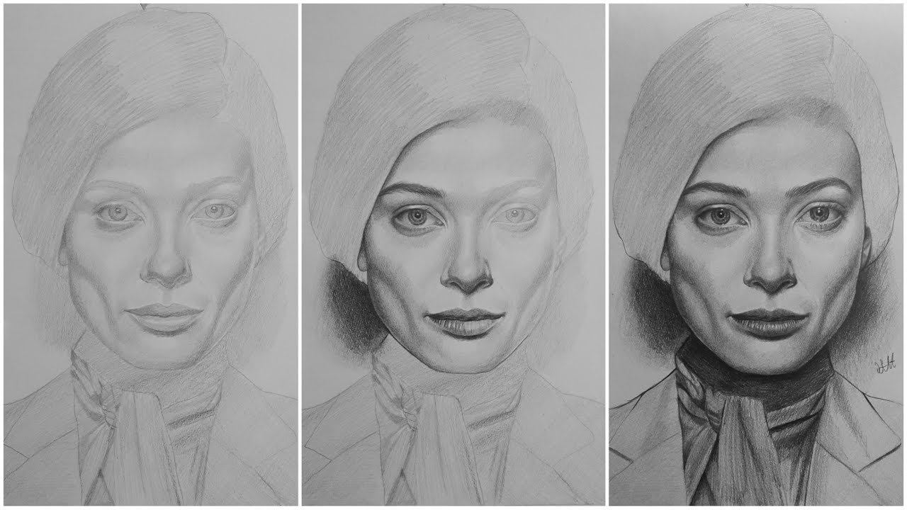 تعليم رسم البورتريه كامل بقلم رصاص واحد فقط بالقلم الميكانيكى