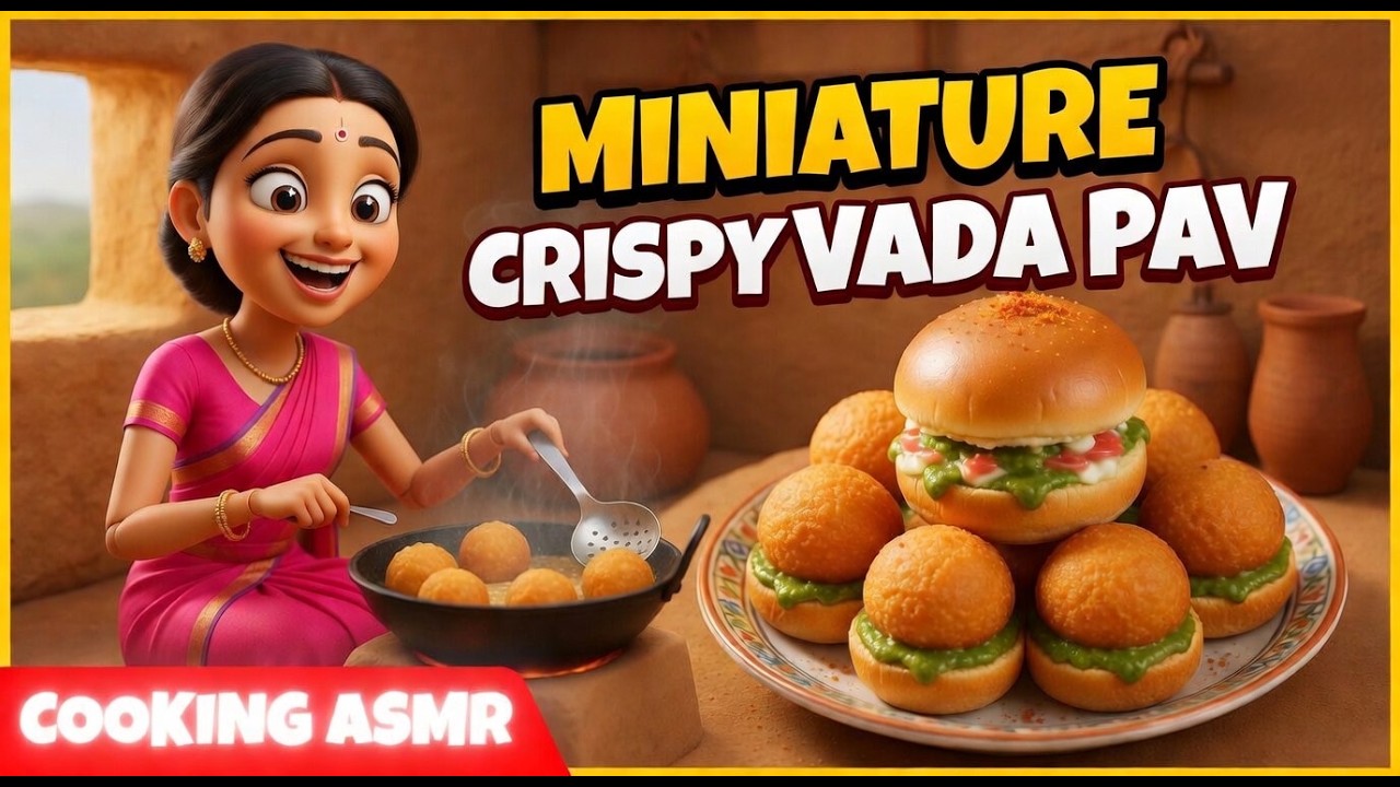 Tiny Doll's Village Life: Making Crispy Indian Vada Pav ASMR 🌶️🥪 | Tiny Cookery