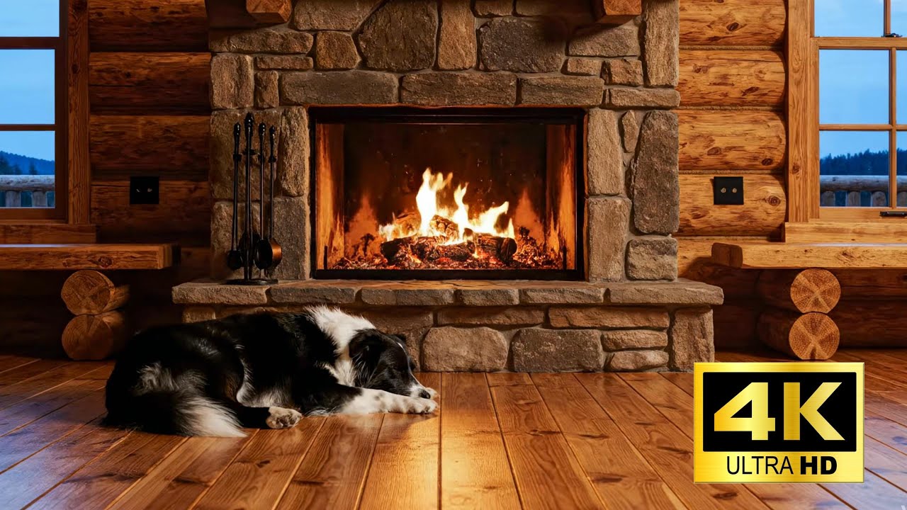 Cozy Cabin Fireplace with Border Collie: Crackling Fire Sounds (4K, 1 Hour) #fireplace #bordercollie
