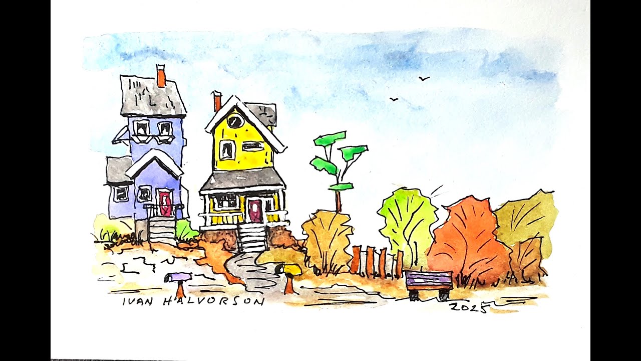 Line and Wash watercolor small cartoon like landscape.