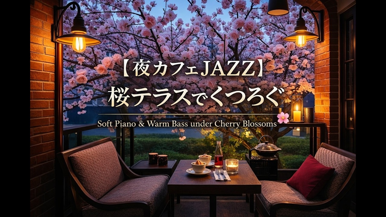 桜テラスでくつろぐ｜やさしく流れるスロージャズBGM 🌸☕Slow Night Cafe Jazz | Soft Piano & Warm Bass under Cherry Blossoms