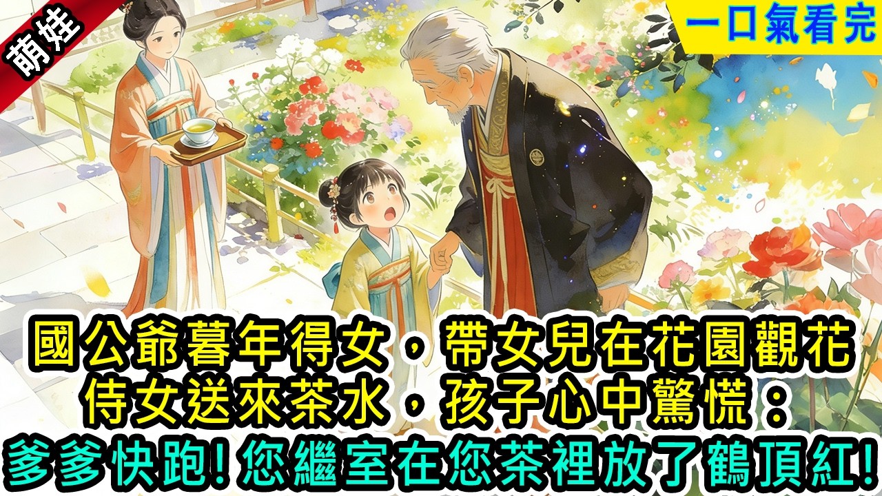 國公爺暮年得女，帶女兒在花園觀花，侍女送來茶水，孩子心中驚慌：&ldquo;爹爹快跑！您那繼室在您茶裡投放了鶴頂紅。&rdquo;#小说&nbsp;#古風小說&nbsp;#古言&nbsp;#古代言情&nbsp;#言情&nbsp;&nbsp;#小說&nbsp;#完結&nbsp;#萌娃 &nbsp;#反轉