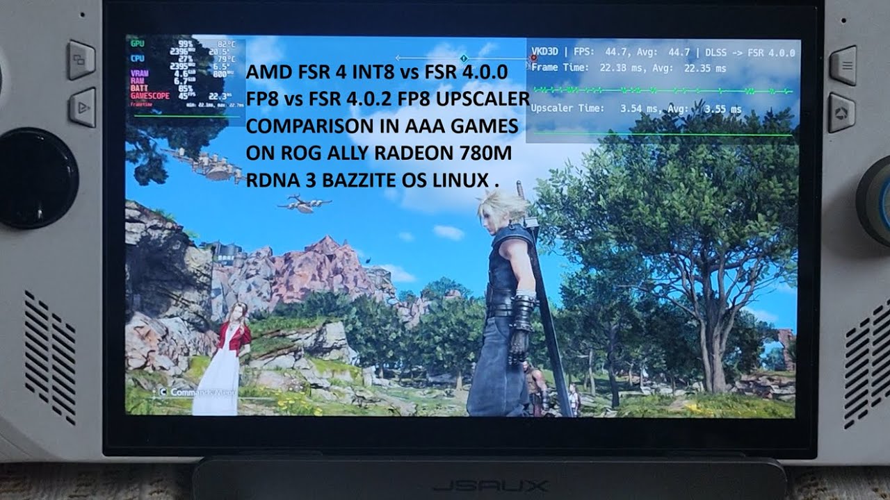 Сравнение масштабирования FSR 4 INT8 против FSR 4.0.0 FP8 против FSR 4.0.2 FP8. Rog Ally RDNA 3 G...