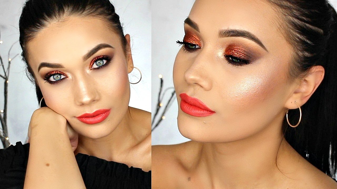 Holiday Party Makeup Tutorial | Metallic Copper Sparkling Smokey Eye + Bright Lips