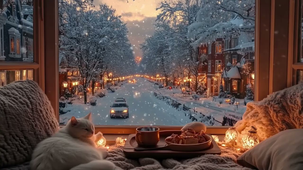 🎹 Winter Night Piano | White Cat & Snowy Cabin 3 Hours | Peaceful Focus Meditation Sleep Relax