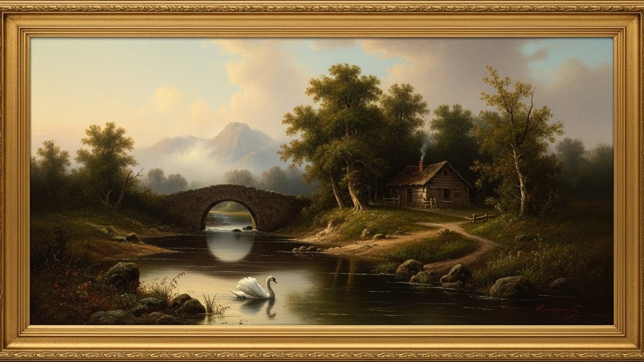 Frame TV - Frame Art TV with Music: Pastoral Serenity: A White Swan Gliding Past an Old Stone Bridge