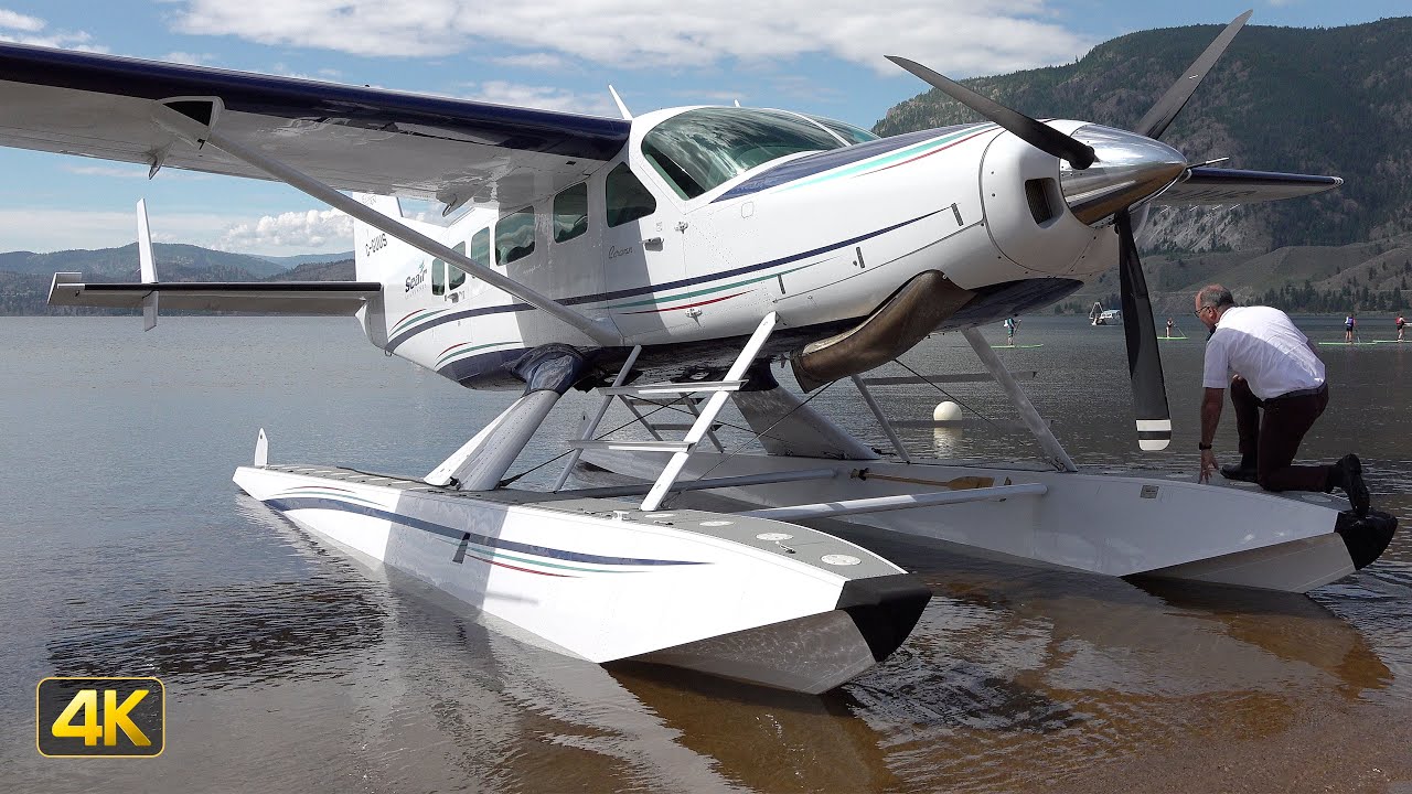 Seair Cessna 208 Caravan Floatplane leaves Skaha Lake Beach in Penticton