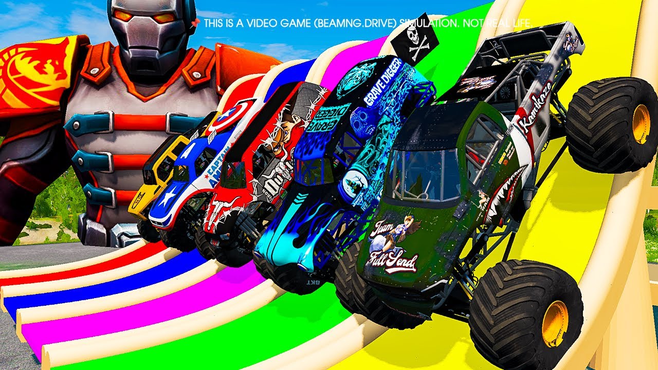 5 Monster Trucks vs Giant Color Water Slide – Fire Slide Meltdown (Ep 40)