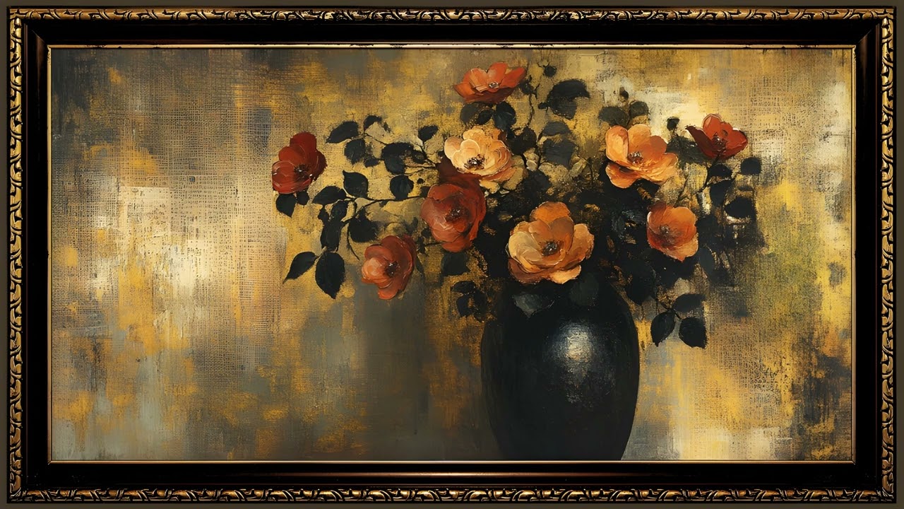 Poppies in a Vase, Rustic Moody Vintage Oil Painting | Dark Framed Art Screensaver for TV